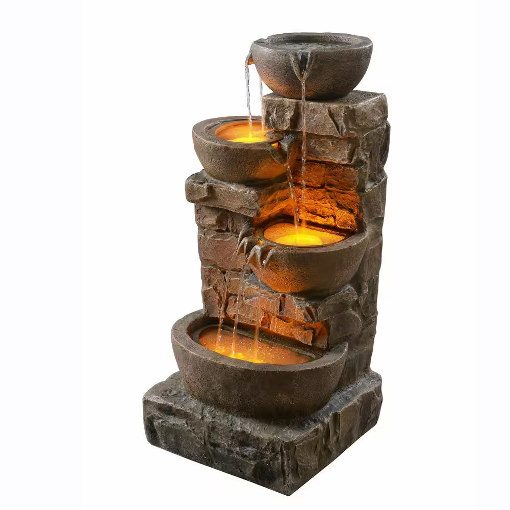 33 In. Outdoor Bowls and Stacked Stones Cascade Fountain with LED Light, Adjustable Flow and Electric Pump in Brown