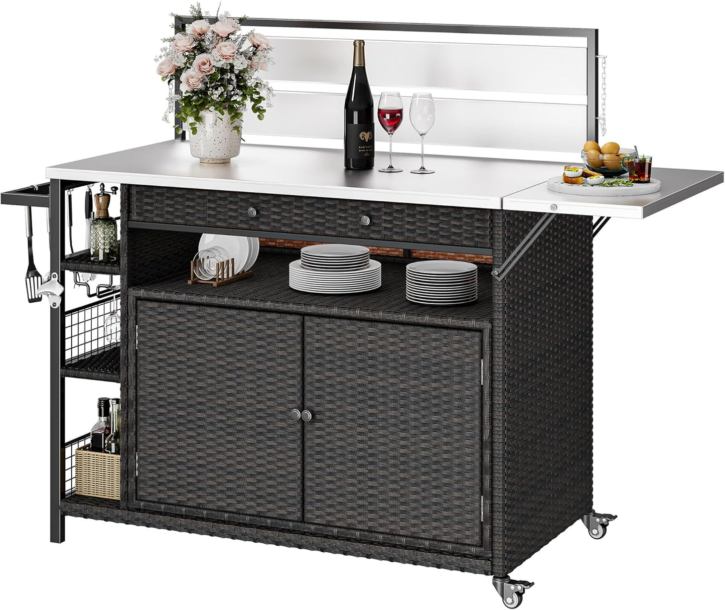 XL Outdoor Bar Table & Storage Cabinet, Wheels and Stainless Steel Extended Table Top, Patio Bar Table with Side Handle for Patio Kitchen or Bar Cart, Dark Brown