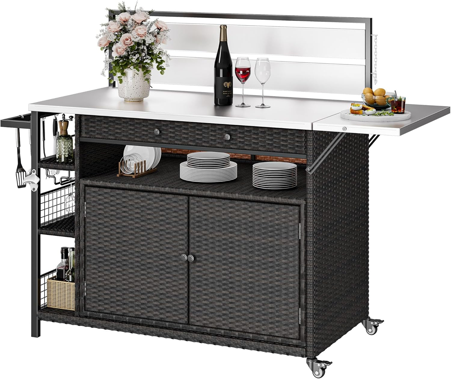 XL Outdoor Bar Table & Storage Cabinet, Wheels and Stainless Steel Extended Table Top, Patio Bar Table with Side Handle for Patio Kitchen or Bar Cart, Dark Brown
