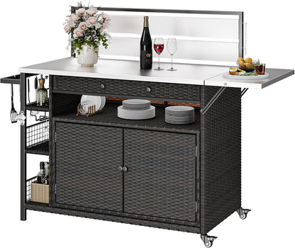 XL Outdoor Bar Table & Storage Cabinet, Wheels and Stainless Steel Extended Table Top, Patio Bar Table with Side Handle for Patio Kitchen or Bar Cart, Dark Brown