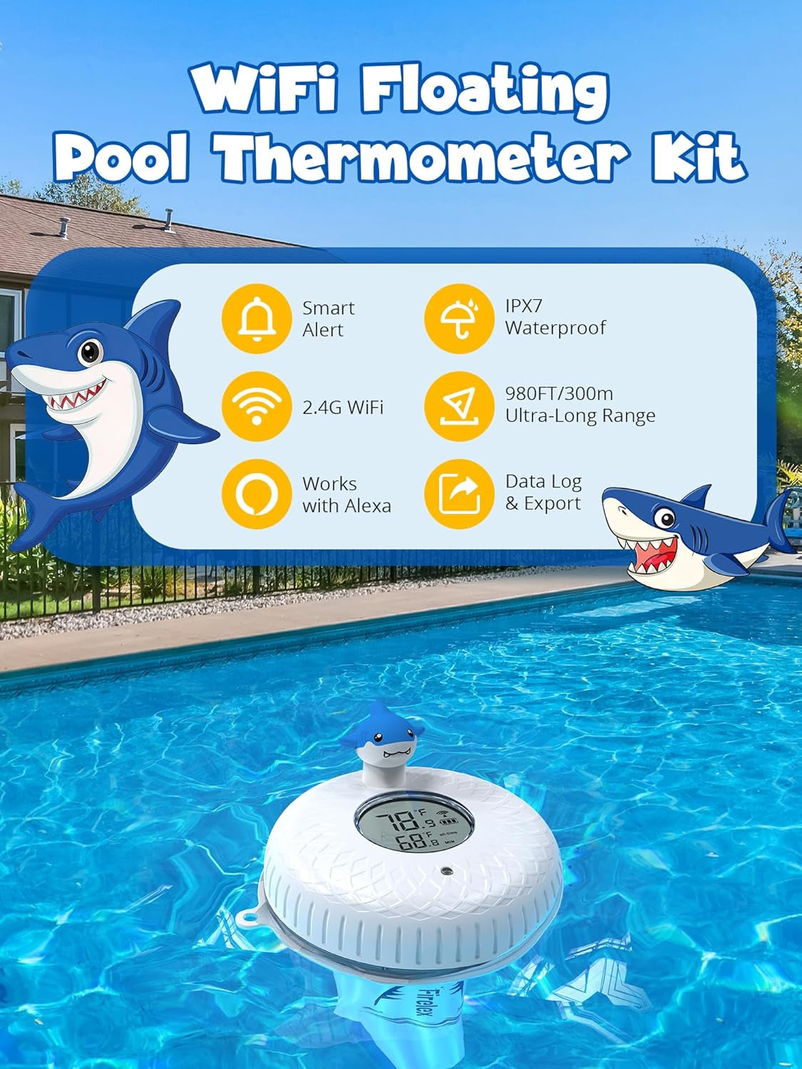 2.4G Wifi Pool Thermometer Wireless with App Remote, Easy Read Smart Thermometer Floating | Digital -40~158℉ Water Temperature Monitor IPX7 | Funny Shark for Swimming Pool, Hot Tub, Spa