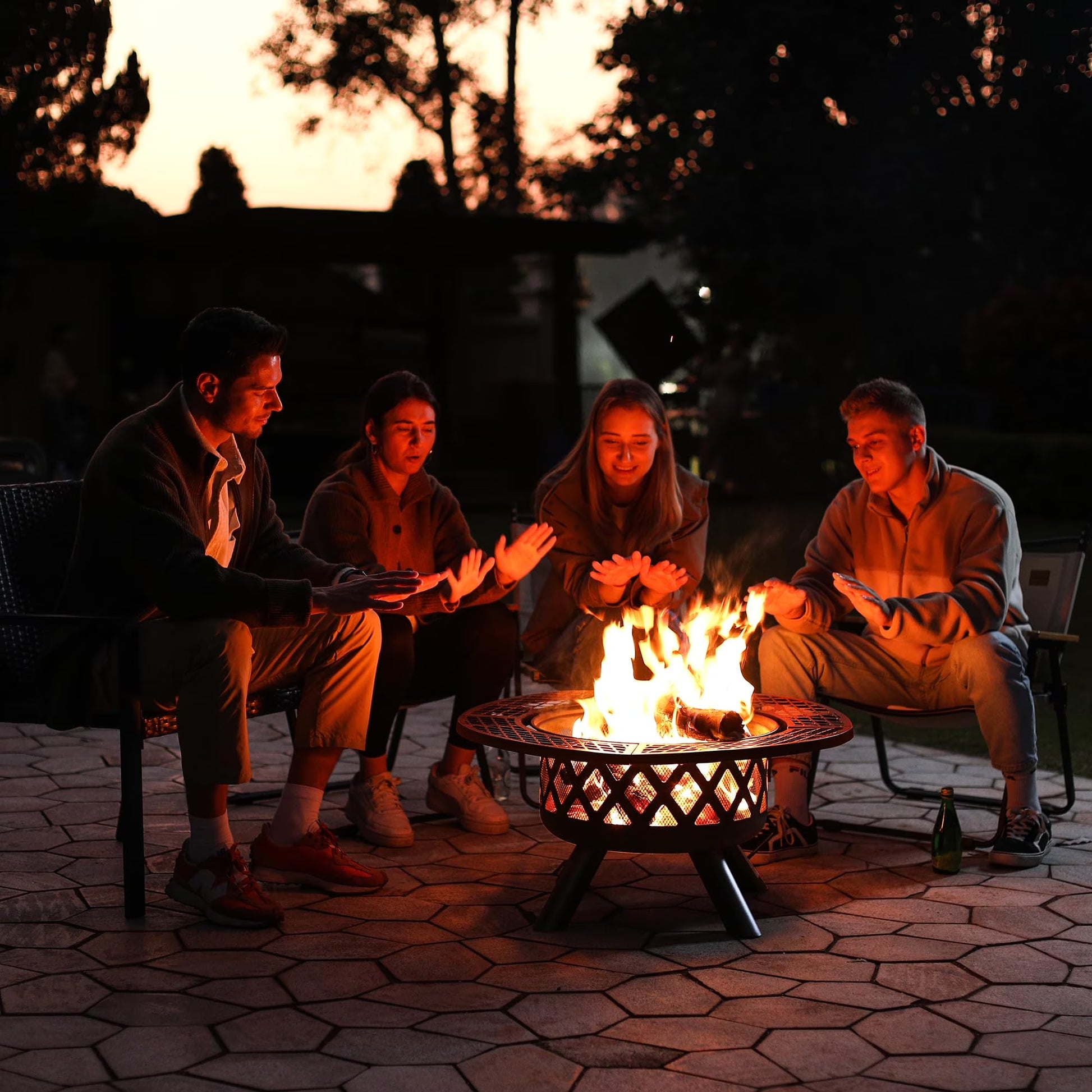32 Inch Fire Pit with Poker, Wood Burning Fire Pit Patio for outside with Grill