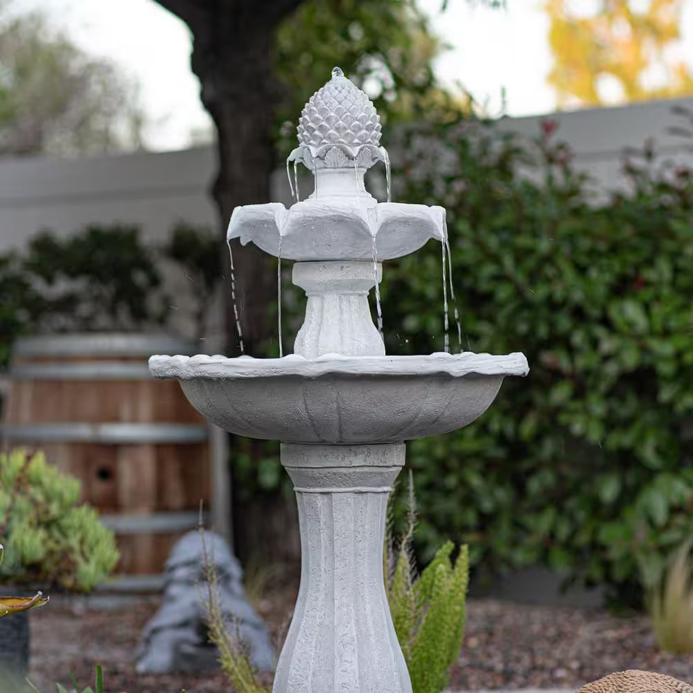 44 In. H White Fiberglass/Resin 2-Tier Solar Water Fountain W/ Solar Panel and Auto-Shut off Pump