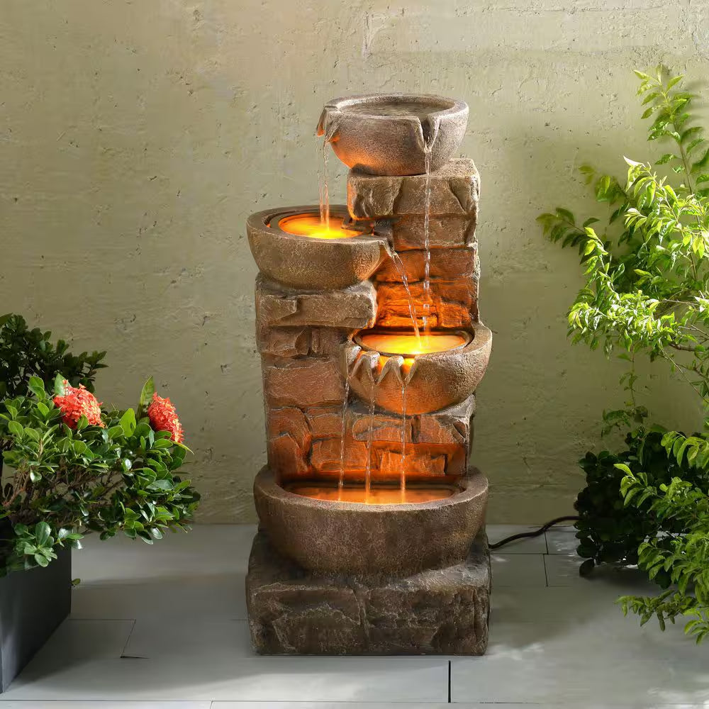 33 In. Outdoor Bowls and Stacked Stones Cascade Fountain with LED Light, Adjustable Flow and Electric Pump in Brown