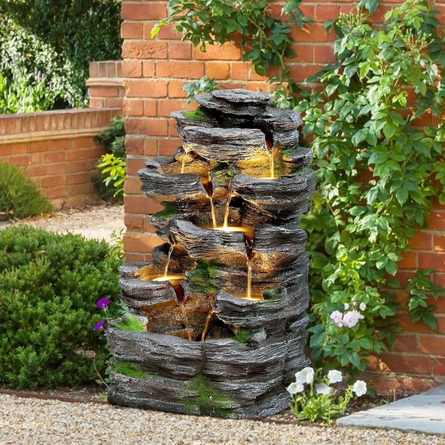 7 Tier Cascading Rock Outdoor Water Fountain, Garden Freestanding Rockery Natural Waterfall Fountains Outdoor with LED Light, Soothing Tranquility Fountains for Home Garden Yard, 24"H