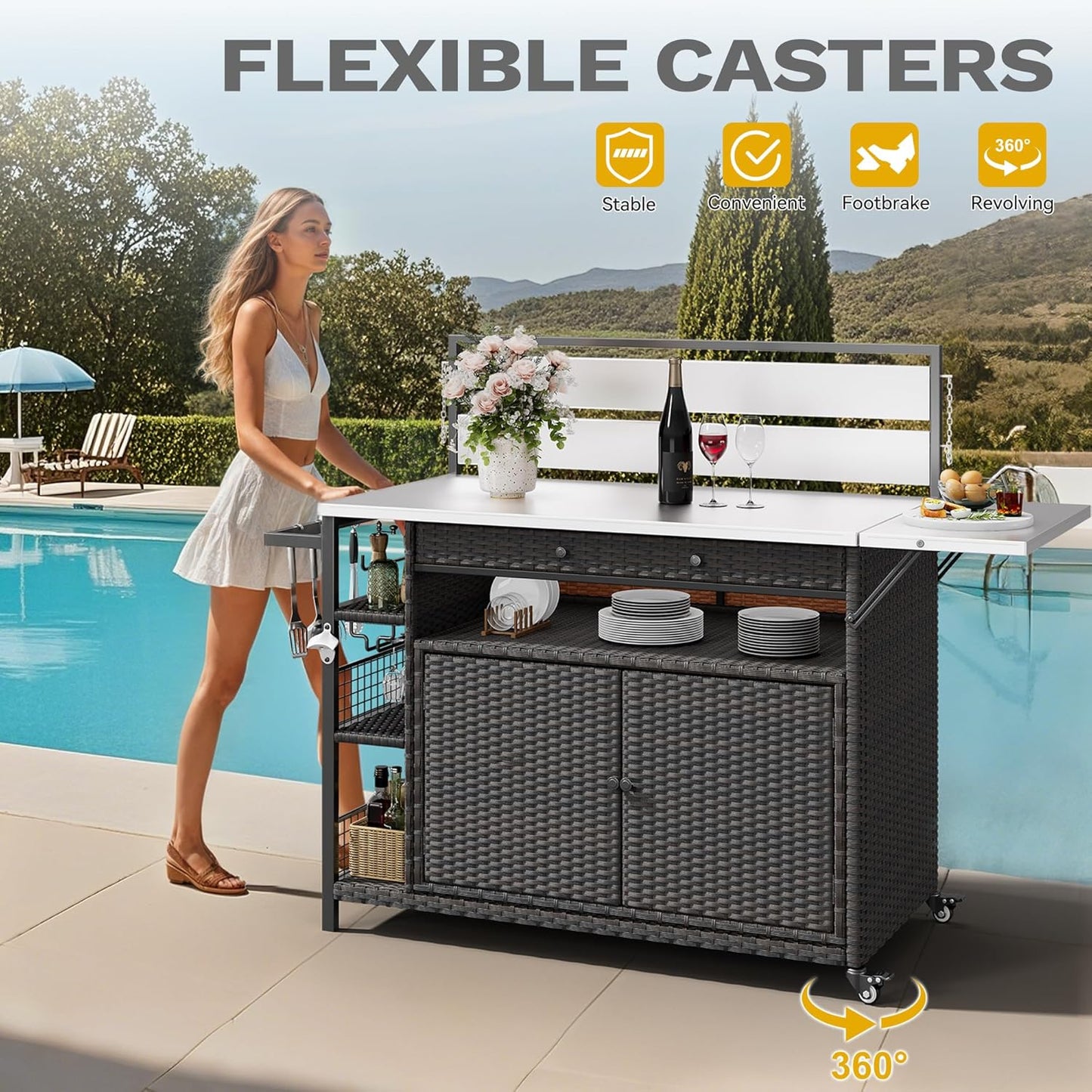 XL Outdoor Bar Table & Storage Cabinet, Wheels and Stainless Steel Extended Table Top, Patio Bar Table with Side Handle for Patio Kitchen or Bar Cart, Dark Brown