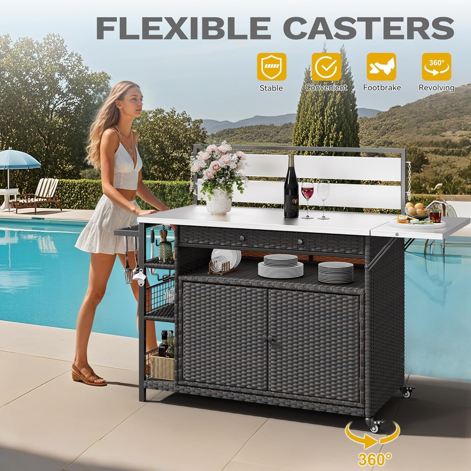 XL Outdoor Bar Table & Storage Cabinet, Wheels and Stainless Steel Extended Table Top, Patio Bar Table with Side Handle for Patio Kitchen or Bar Cart, Dark Brown