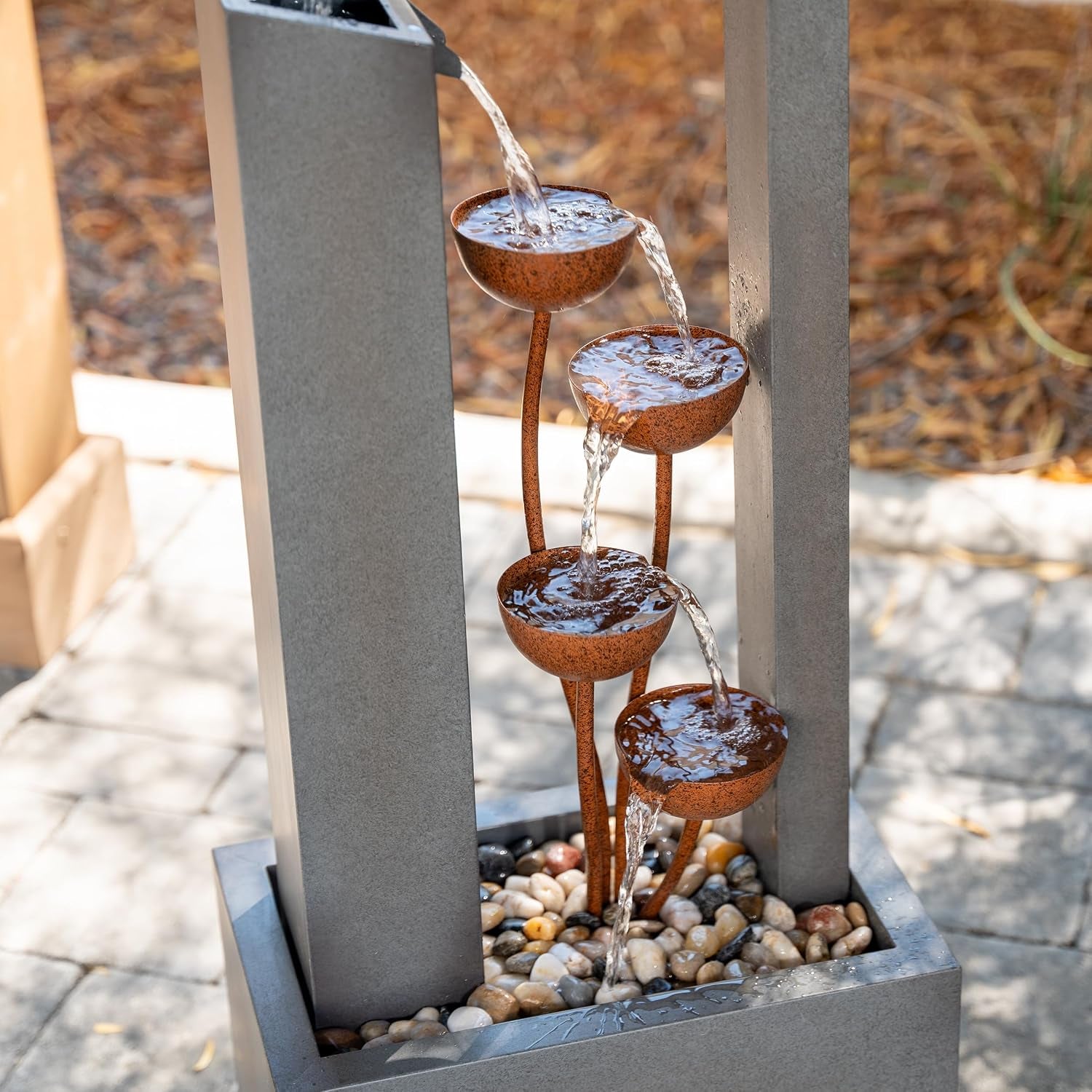38" Tall Gray and Bronze Metal Sculptural Flower Multi-Tier Freestanding Water Fountain for Indoor & Outdoor Use, Decorative Garden Patio Backyard Water Feature