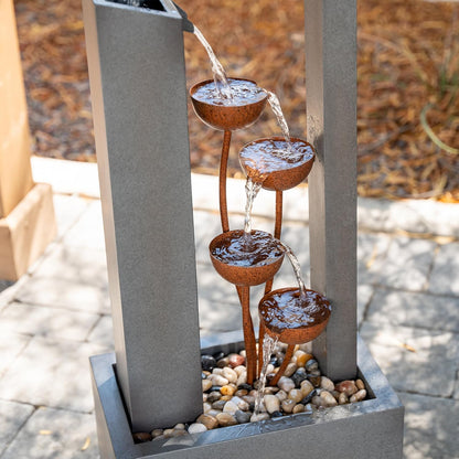 38" Tall Gray and Bronze Metal Sculptural Flower Multi-Tier Freestanding Water Fountain for Indoor & Outdoor Use, Decorative Garden Patio Backyard Water Feature