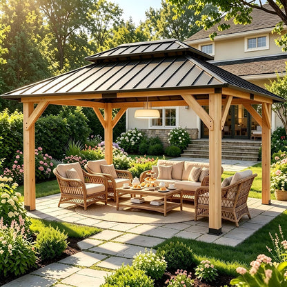10' X 12' Wooden Gazebo,Patio Hardtop Gazebo Wood,Diy Color Permanent Pavilion with Galvanized Steel Double Metal Roof for Backyard, Deck(Windproof, Snow-Load Bearing, Waterproof, Rustproof)