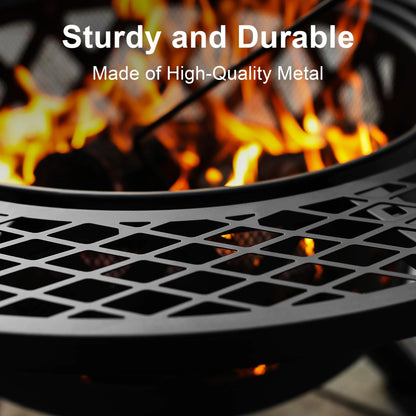 32 Inch Fire Pit with Poker, Wood Burning Fire Pit Patio for outside with Grill