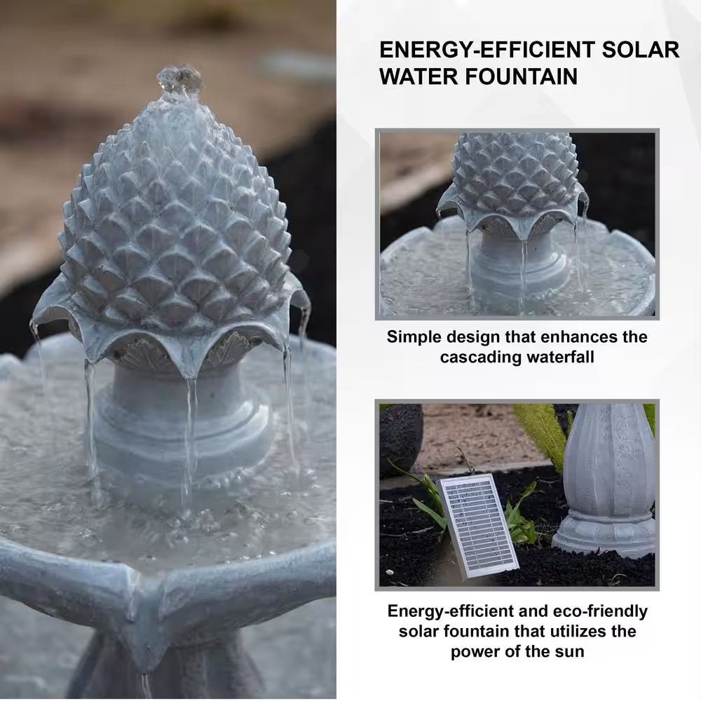 44 In. H White Fiberglass/Resin 2-Tier Solar Water Fountain W/ Solar Panel and Auto-Shut off Pump