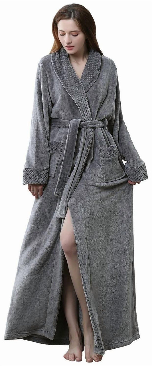 Robes for Women,  Long Womens Robes, Soft Fluffy Fleece Bath Robe with Front Pocket, Winter Warm Plush Lapel Women'S Robes, Adjustable Belt, Grey, L/XL