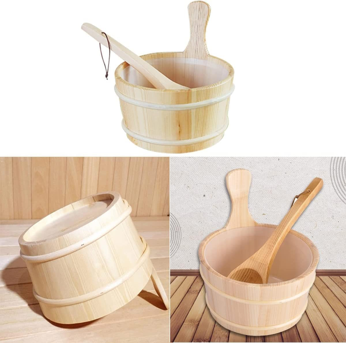 Sauna Bucket and Ladle Set,5Pcs 4L Sauna Bucket Wooden Bucket Sauna Accessories Wood Bucket Sauna Kit Cedar Sauna for Home(Sauna Bucket+Sauna Ladle+Sauna Thermometer Hygrometer+Hourglass+Attachment)