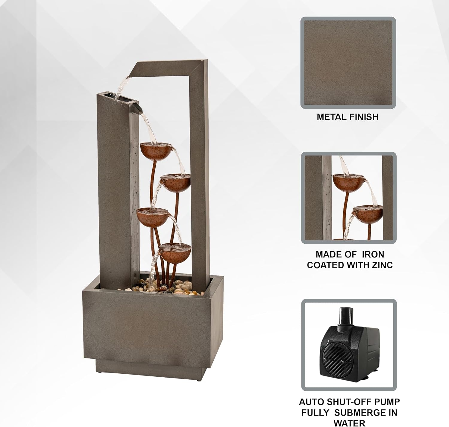 38" Tall Gray and Bronze Metal Sculptural Flower Multi-Tier Freestanding Water Fountain for Indoor & Outdoor Use, Decorative Garden Patio Backyard Water Feature