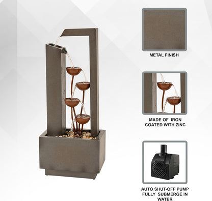 38" Tall Gray and Bronze Metal Sculptural Flower Multi-Tier Freestanding Water Fountain for Indoor & Outdoor Use, Decorative Garden Patio Backyard Water Feature