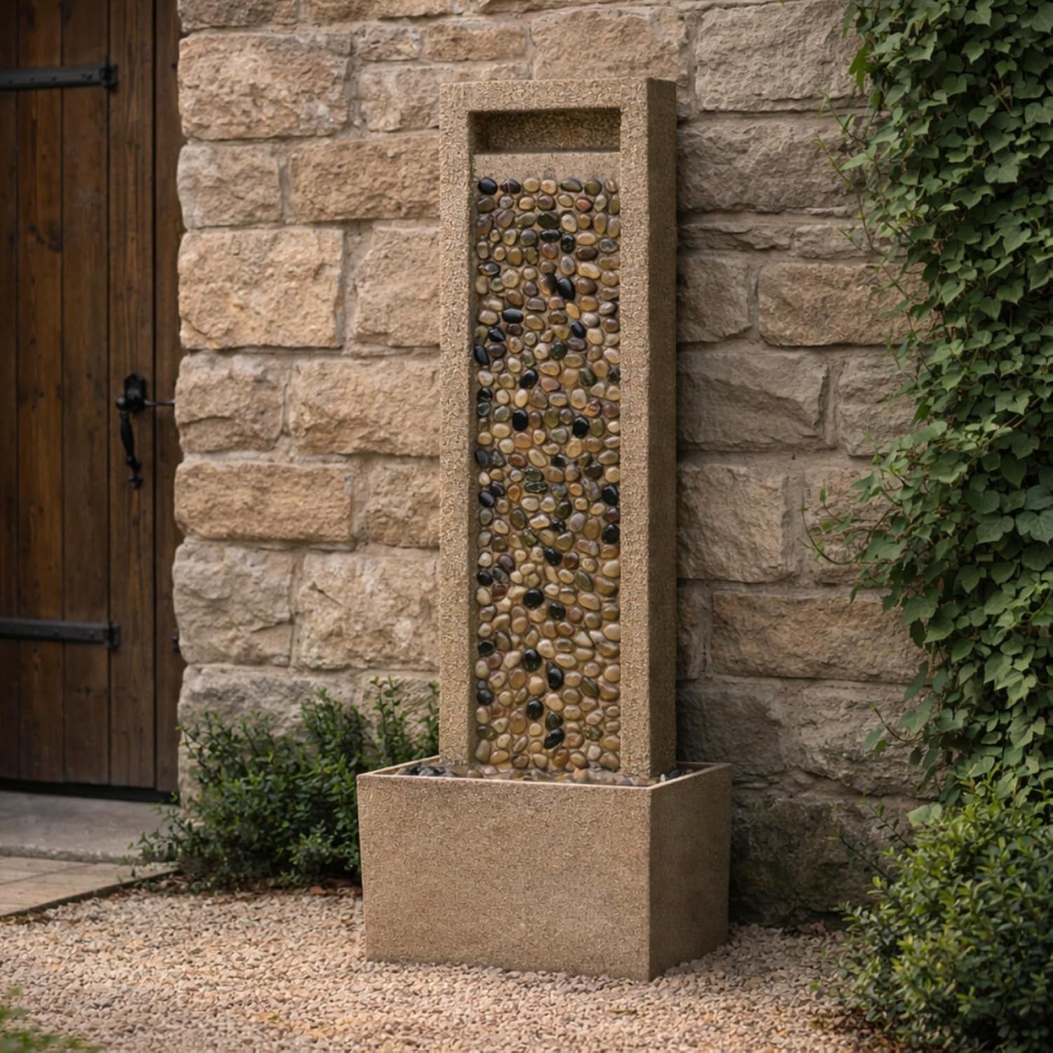 River Rocks Outdoor Water Fountain, Brown | Warm Glow Lighting, Steady Flow, Electric Pump
