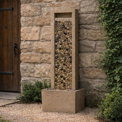River Rocks Outdoor Water Fountain, Brown | Warm Glow Lighting, Steady Flow, Electric Pump