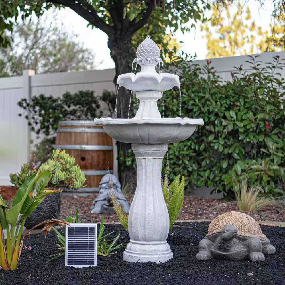 44 In. H White Fiberglass/Resin 2-Tier Solar Water Fountain W/ Solar Panel and Auto-Shut off Pump
