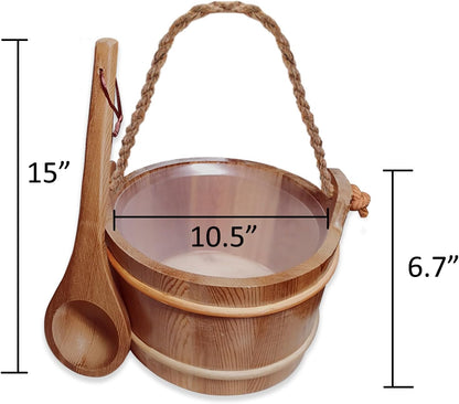 Red Cedar Large Sauna Bucket with Ladle, with Sauna Hat and Seat Pad, Sauna Wooden Water Bucket 6L (1.6 Gallons) with Plastic Liner for Sauna Room Sauna Heater Sauna Accessory