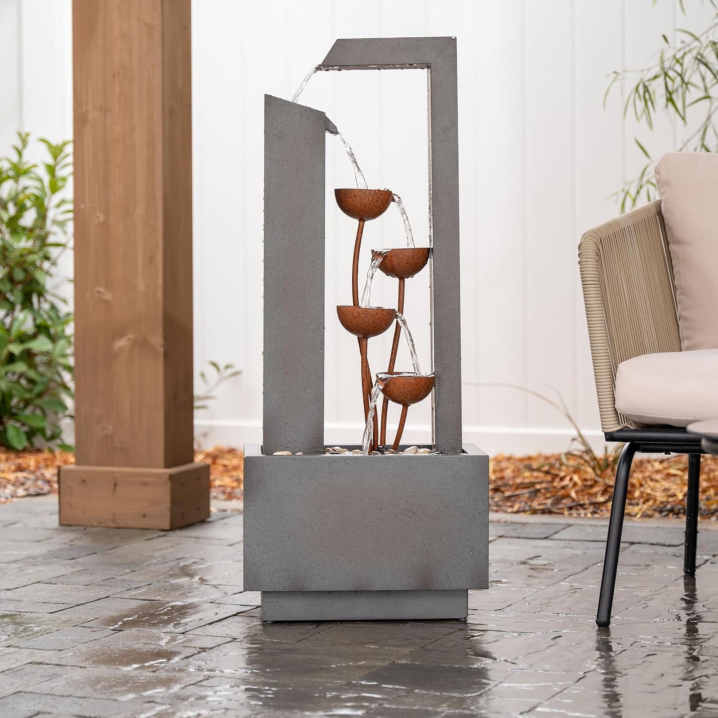 38" Tall Gray and Bronze Metal Sculptural Flower Multi-Tier Freestanding Water Fountain for Indoor & Outdoor Use, Decorative Garden Patio Backyard Water Feature