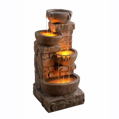 33 In. Outdoor Bowls and Stacked Stones Cascade Fountain with LED Light, Adjustable Flow and Electric Pump in Brown