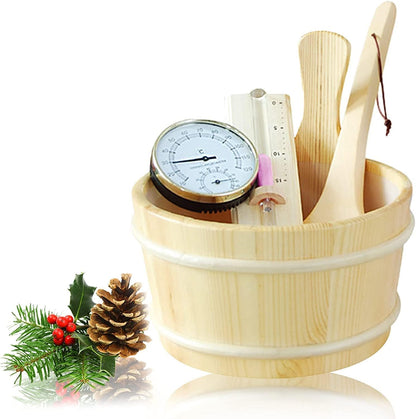 Sauna Bucket and Ladle Set,5Pcs 4L Sauna Bucket Wooden Bucket Sauna Accessories Wood Bucket Sauna Kit Cedar Sauna for Home(Sauna Bucket+Sauna Ladle+Sauna Thermometer Hygrometer+Hourglass+Attachment)