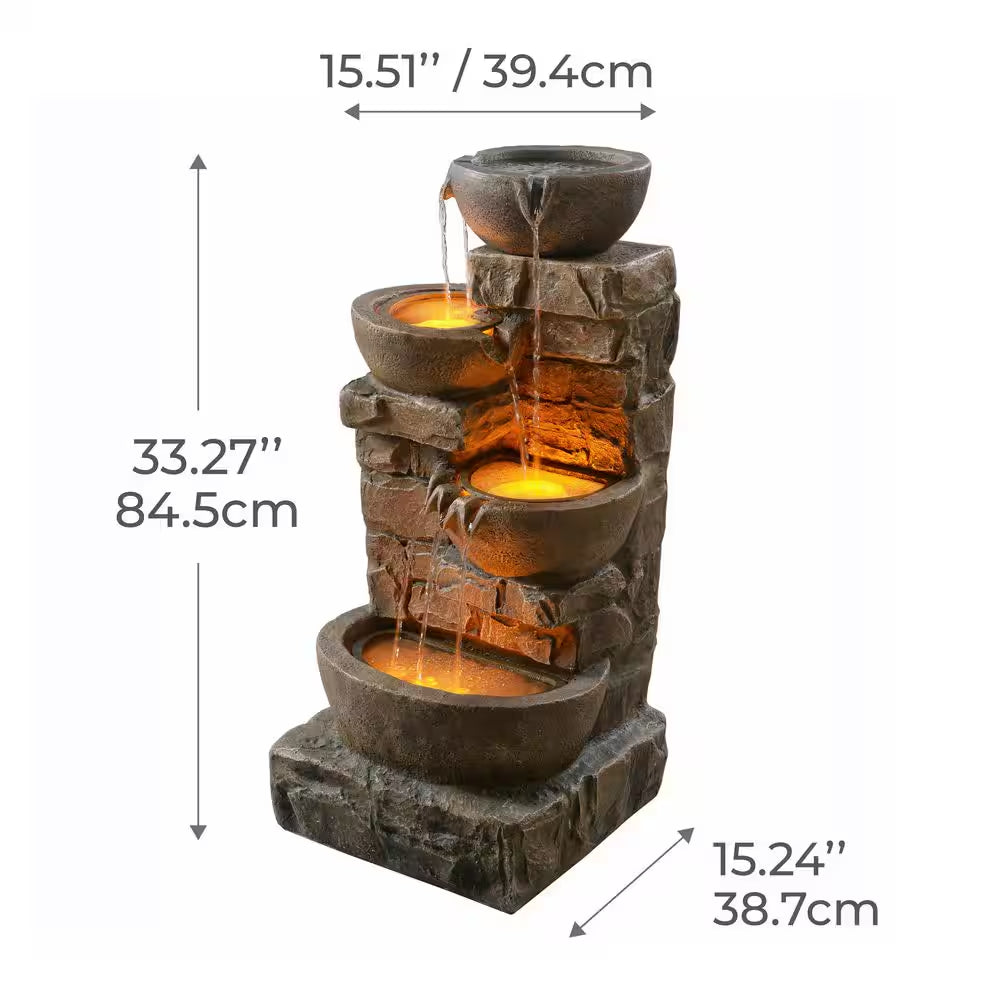 33 In. Outdoor Bowls and Stacked Stones Cascade Fountain with LED Light, Adjustable Flow and Electric Pump in Brown