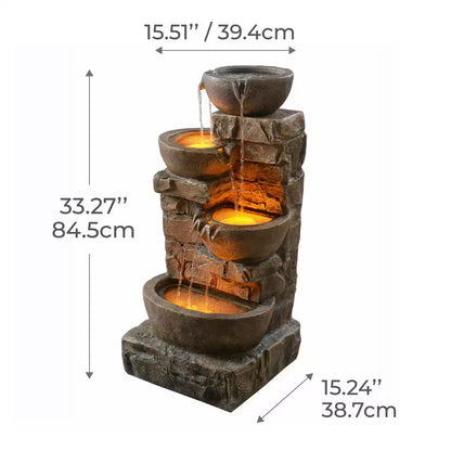 33 In. Outdoor Bowls and Stacked Stones Cascade Fountain with LED Light, Adjustable Flow and Electric Pump in Brown