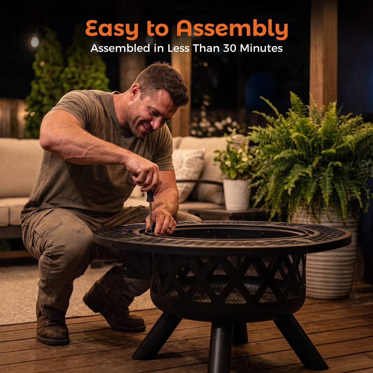 32 Inch Fire Pit with Poker, Wood Burning Fire Pit Patio for outside with Grill