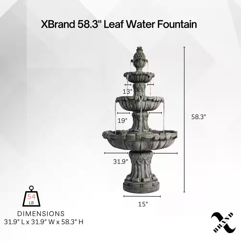 58.3 In.Large 3-Tier Outdoor Electric Water Fountain W/ Pump, Resin Classic Leaf Design Bird Bath Ideal for Garden Decor