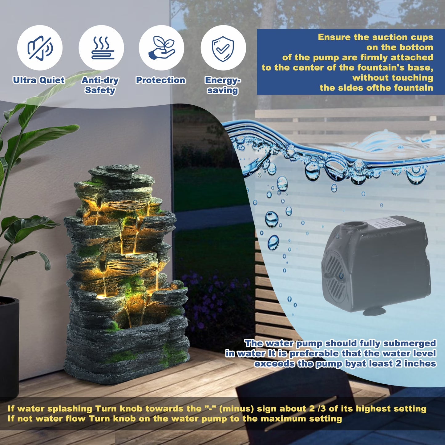 7 Tier Cascading Rock Outdoor Water Fountain, Garden Freestanding Rockery Natural Waterfall Fountains Outdoor with LED Light, Soothing Tranquility Fountains for Home Garden Yard, 24"H