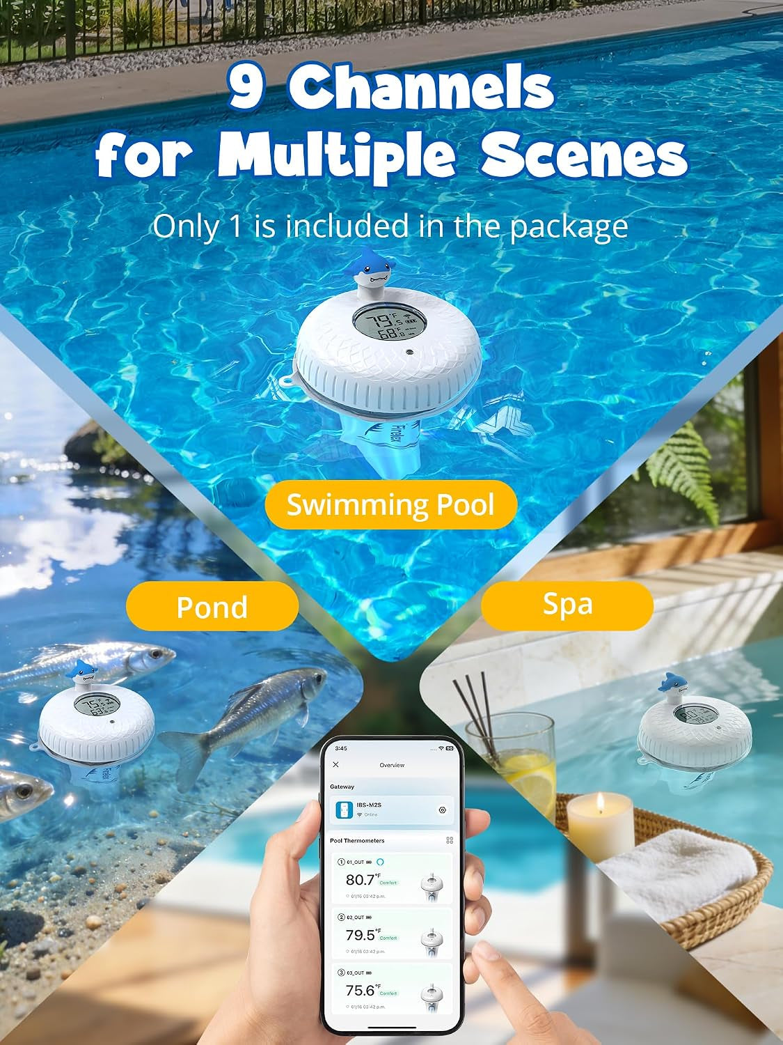 2.4G Wifi Pool Thermometer Wireless with App Remote, Easy Read Smart Thermometer Floating | Digital -40~158℉ Water Temperature Monitor IPX7 | Funny Shark for Swimming Pool, Hot Tub, Spa