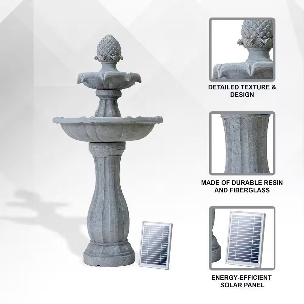 44 In. H White Fiberglass/Resin 2-Tier Solar Water Fountain W/ Solar Panel and Auto-Shut off Pump