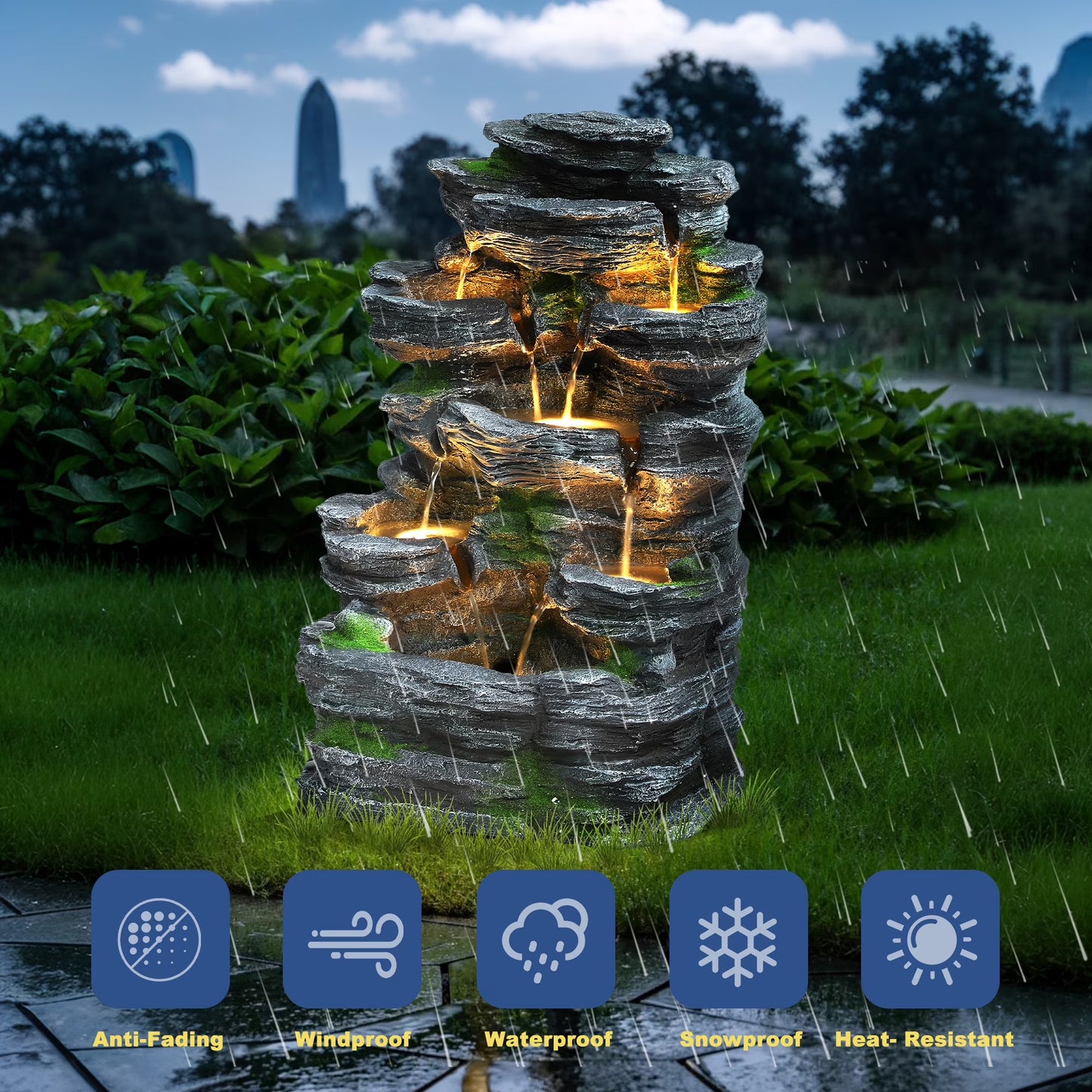 7 Tier Cascading Rock Outdoor Water Fountain, Garden Freestanding Rockery Natural Waterfall Fountains Outdoor with LED Light, Soothing Tranquility Fountains for Home Garden Yard, 24"H