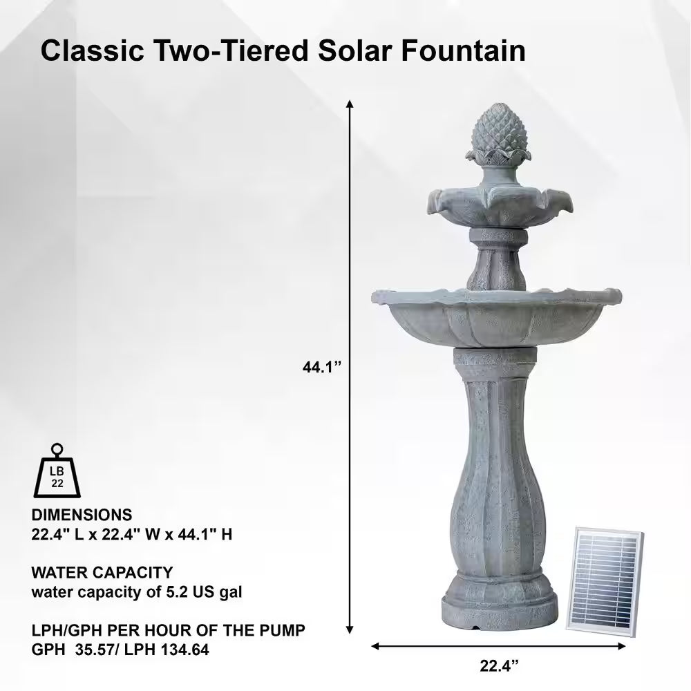 44 In. H White Fiberglass/Resin 2-Tier Solar Water Fountain W/ Solar Panel and Auto-Shut off Pump
