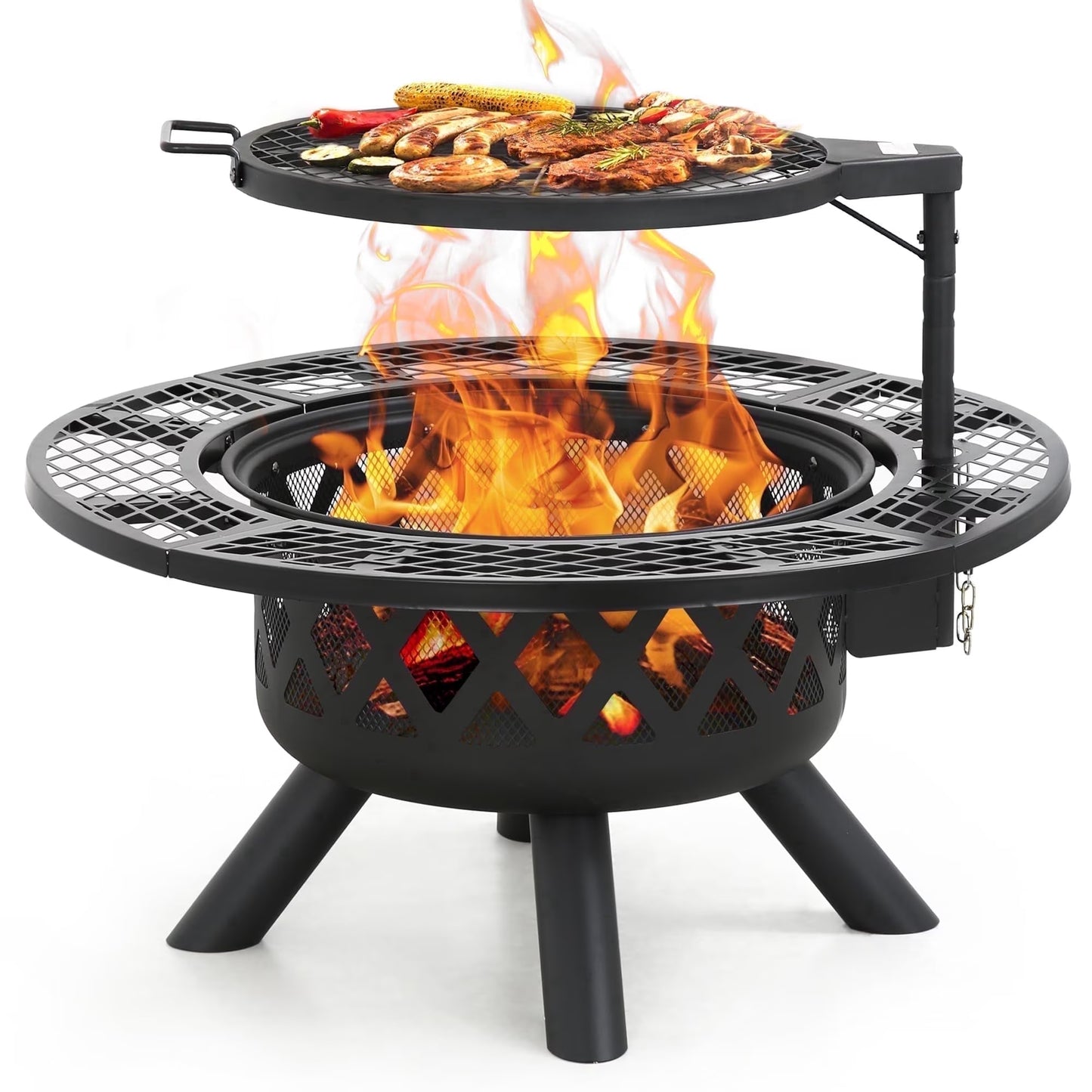 32 Inch Fire Pit with Poker, Wood Burning Fire Pit Patio for outside with Grill