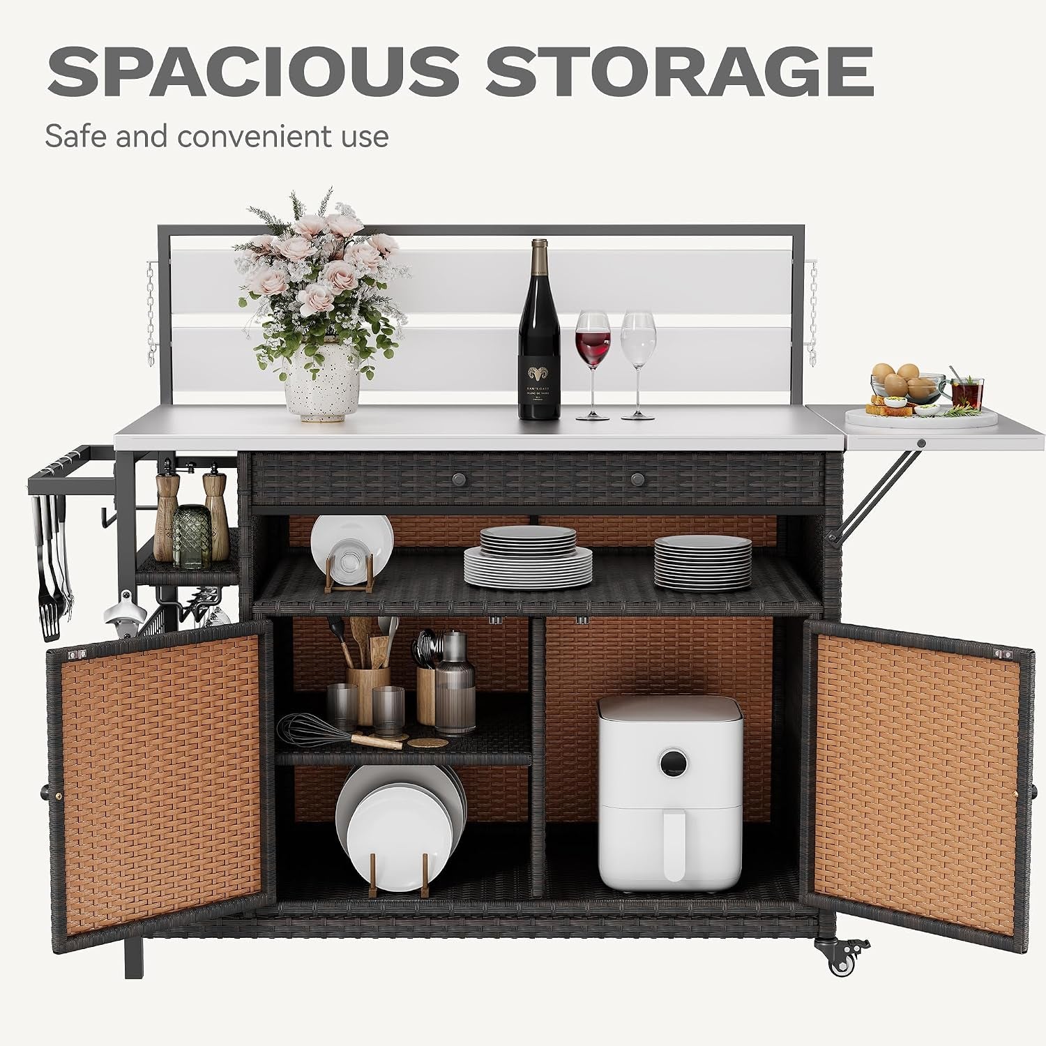 XL Outdoor Bar Table & Storage Cabinet, Wheels and Stainless Steel Extended Table Top, Patio Bar Table with Side Handle for Patio Kitchen or Bar Cart, Dark Brown
