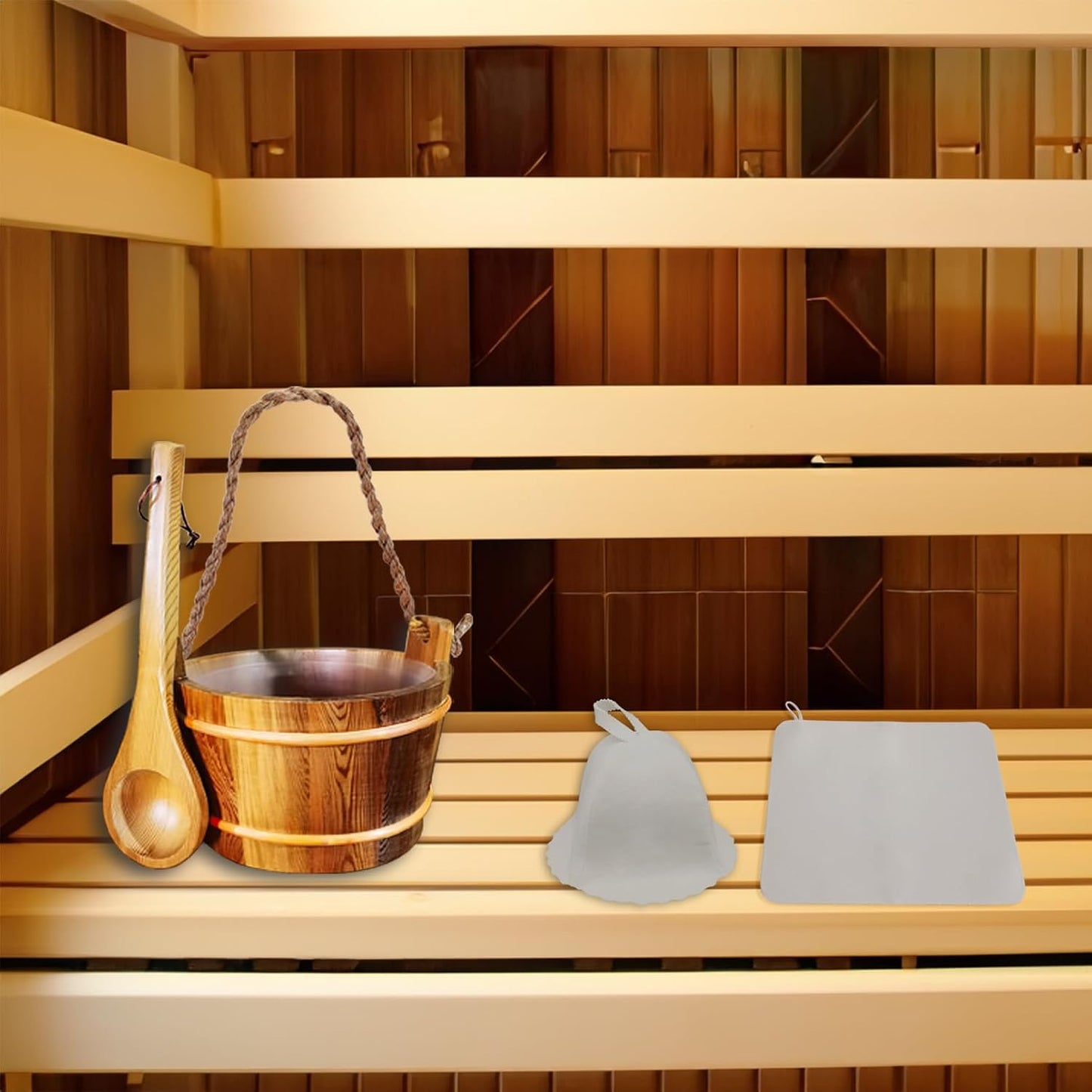 Red Cedar Large Sauna Bucket with Ladle, with Sauna Hat and Seat Pad, Sauna Wooden Water Bucket 6L (1.6 Gallons) with Plastic Liner for Sauna Room Sauna Heater Sauna Accessory