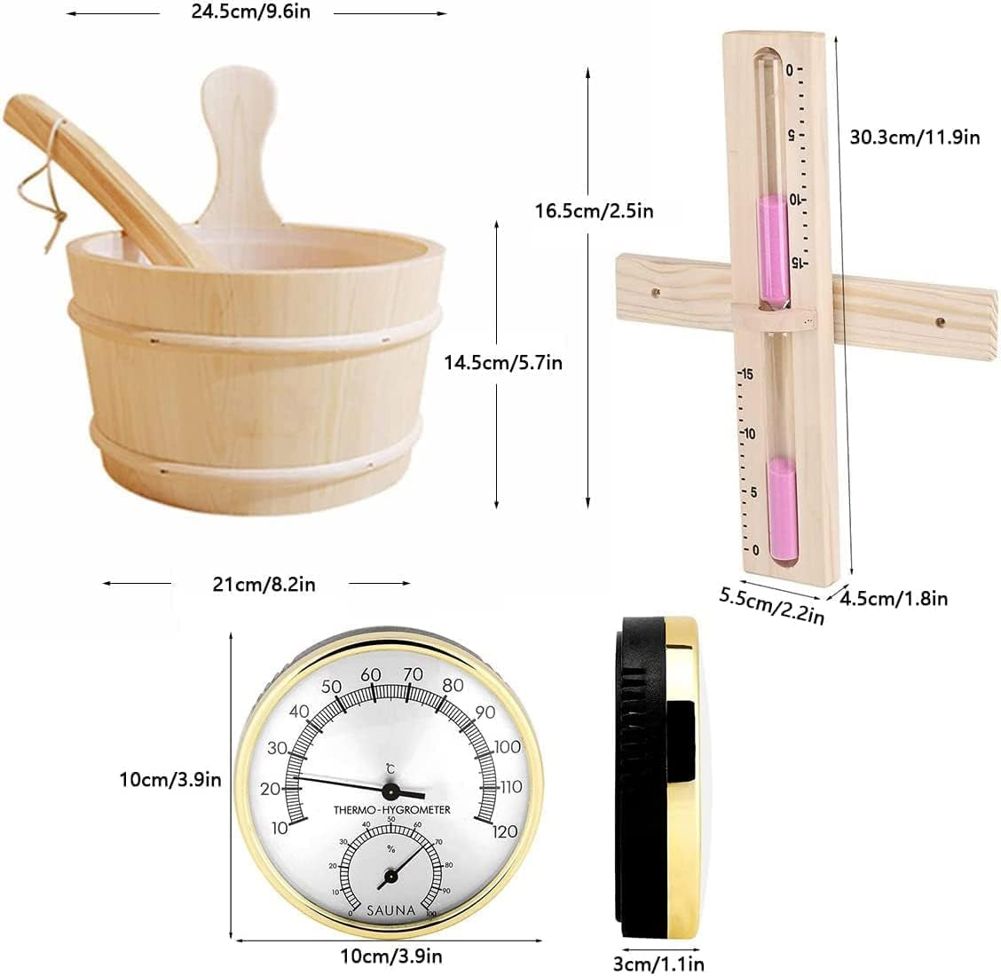 Sauna Bucket and Ladle Set,5Pcs 4L Sauna Bucket Wooden Bucket Sauna Accessories Wood Bucket Sauna Kit Cedar Sauna for Home(Sauna Bucket+Sauna Ladle+Sauna Thermometer Hygrometer+Hourglass+Attachment)