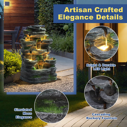 7 Tier Cascading Rock Outdoor Water Fountain, Garden Freestanding Rockery Natural Waterfall Fountains Outdoor with LED Light, Soothing Tranquility Fountains for Home Garden Yard, 24"H