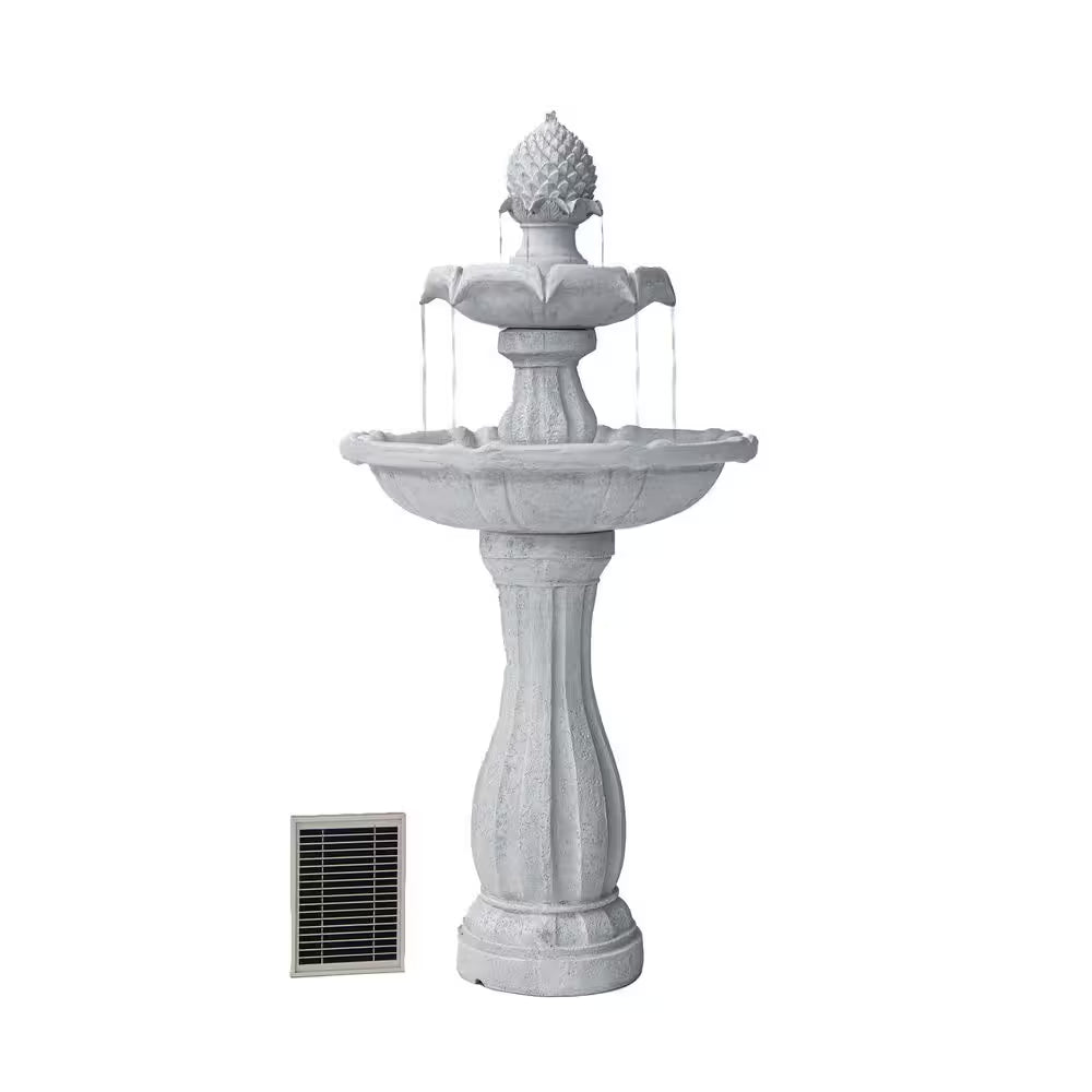 44 In. H White Fiberglass/Resin 2-Tier Solar Water Fountain W/ Solar Panel and Auto-Shut off Pump