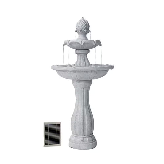 44 In. H White Fiberglass/Resin 2-Tier Solar Water Fountain W/ Solar Panel and Auto-Shut off Pump