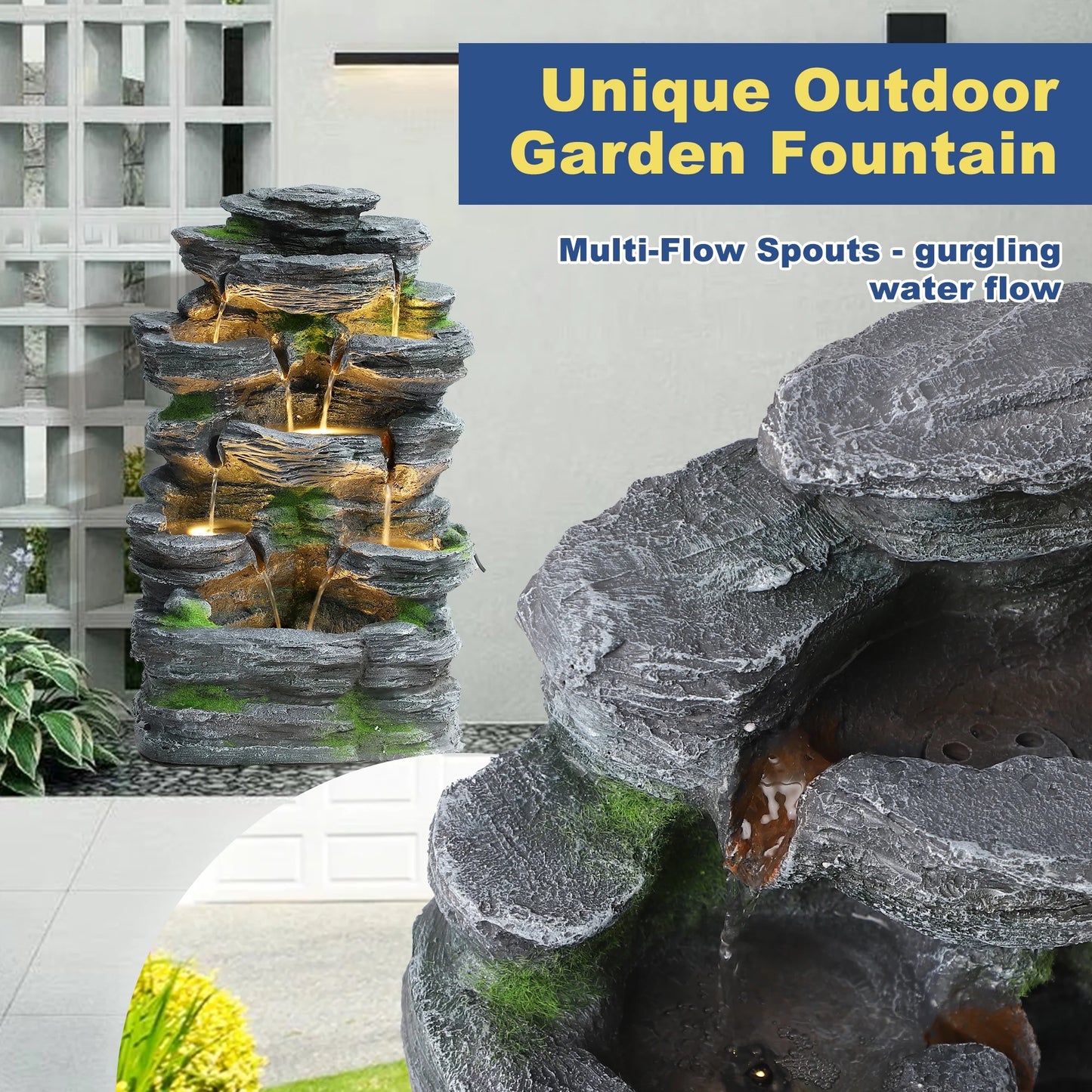 7 Tier Cascading Rock Outdoor Water Fountain, Garden Freestanding Rockery Natural Waterfall Fountains Outdoor with LED Light, Soothing Tranquility Fountains for Home Garden Yard, 24"H