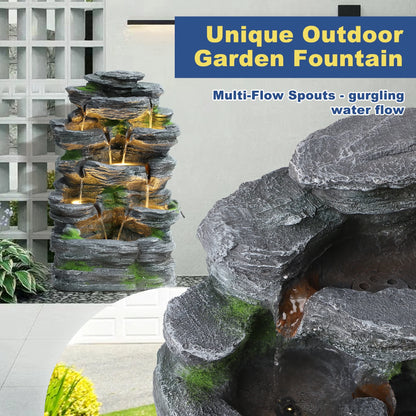 7 Tier Cascading Rock Outdoor Water Fountain, Garden Freestanding Rockery Natural Waterfall Fountains Outdoor with LED Light, Soothing Tranquility Fountains for Home Garden Yard, 24"H