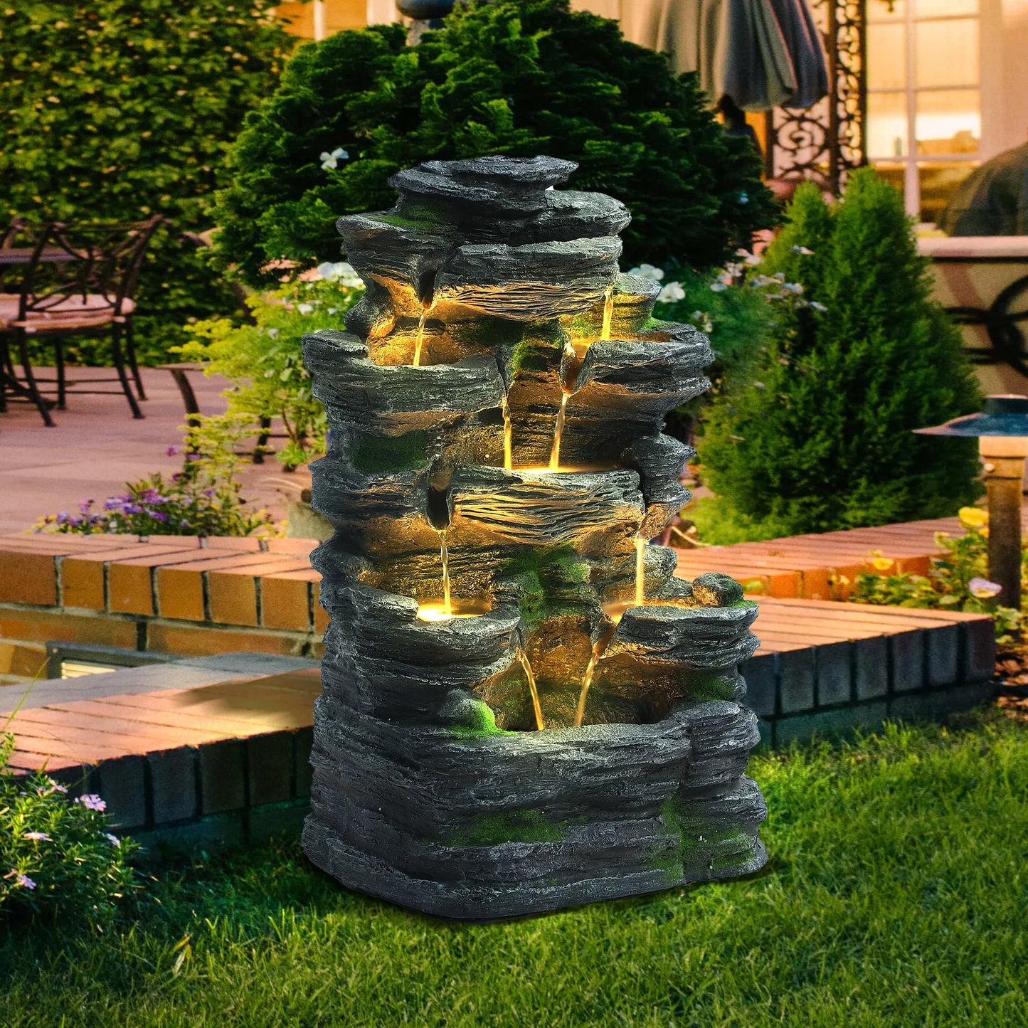 7 Tier Cascading Rock Outdoor Water Fountain, Garden Freestanding Rockery Natural Waterfall Fountains Outdoor with LED Light, Soothing Tranquility Fountains for Home Garden Yard, 24"H