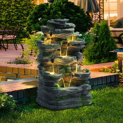 7 Tier Cascading Rock Outdoor Water Fountain, Garden Freestanding Rockery Natural Waterfall Fountains Outdoor with LED Light, Soothing Tranquility Fountains for Home Garden Yard, 24"H