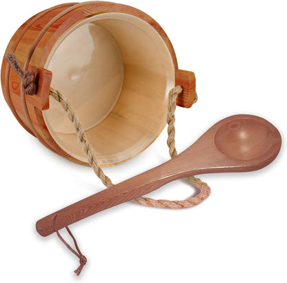 Red Cedar Large Sauna Bucket with Ladle, with Sauna Hat and Seat Pad, Sauna Wooden Water Bucket 6L (1.6 Gallons) with Plastic Liner for Sauna Room Sauna Heater Sauna Accessory