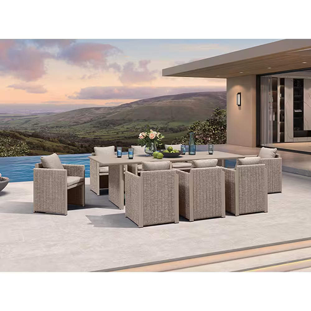 9-Piece Aluminum Outdoor Dining Set All-Weather Modern Rectangular Dining Table and Chairs with Olefin Cushions, Beige