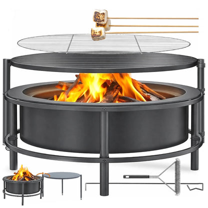 52" Fire Pits for Outside, Foldable Fire Pits with 26" Fire Stove and Table, Cold-Rolled Steel Fire Pit Tables with BBQ Net, Poker, Grill Brush and Protective Cover